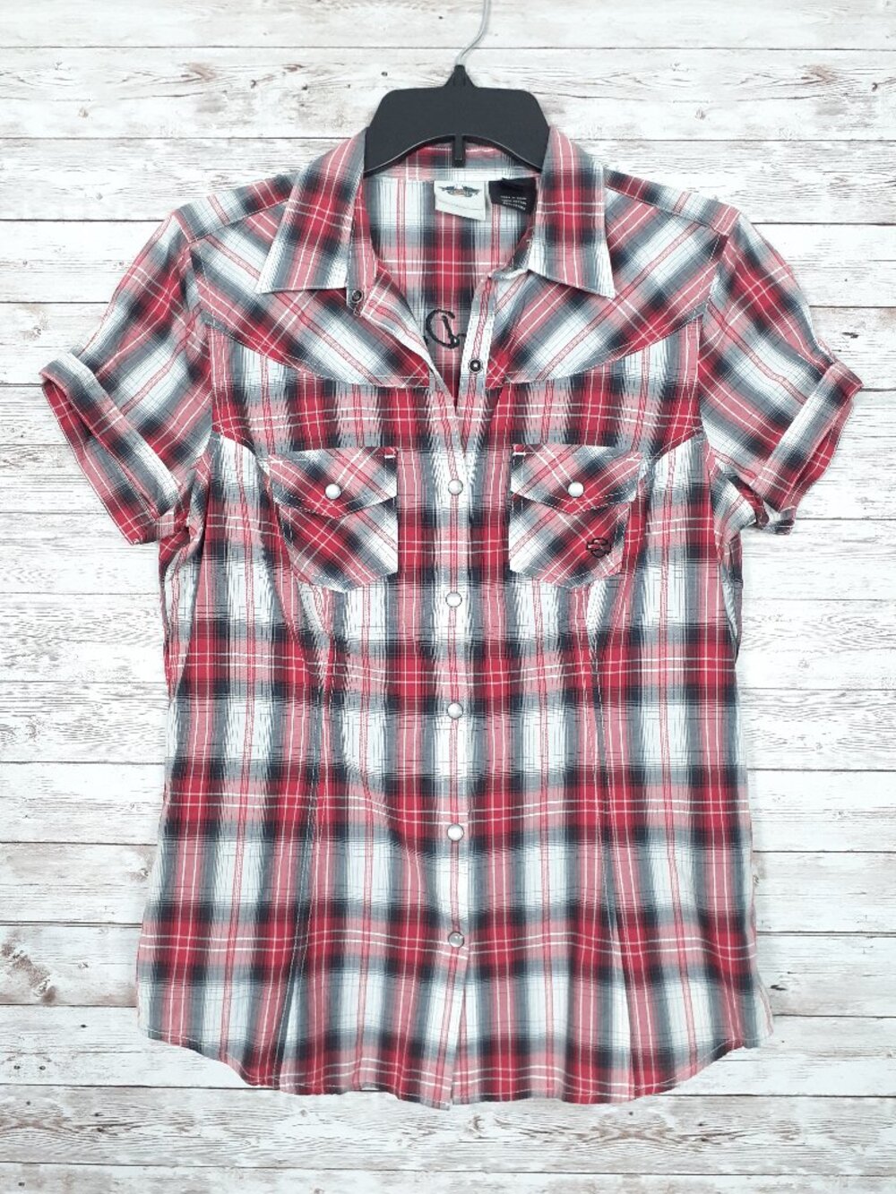 Harley Davidson Womens Pearl Snap Shirt M Short Sleeve Red Black Plaid 868A